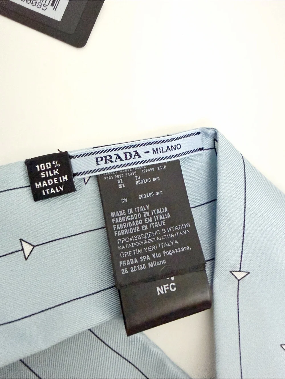 Prada Pale Blue Silk Twilly with Arrow Stripe